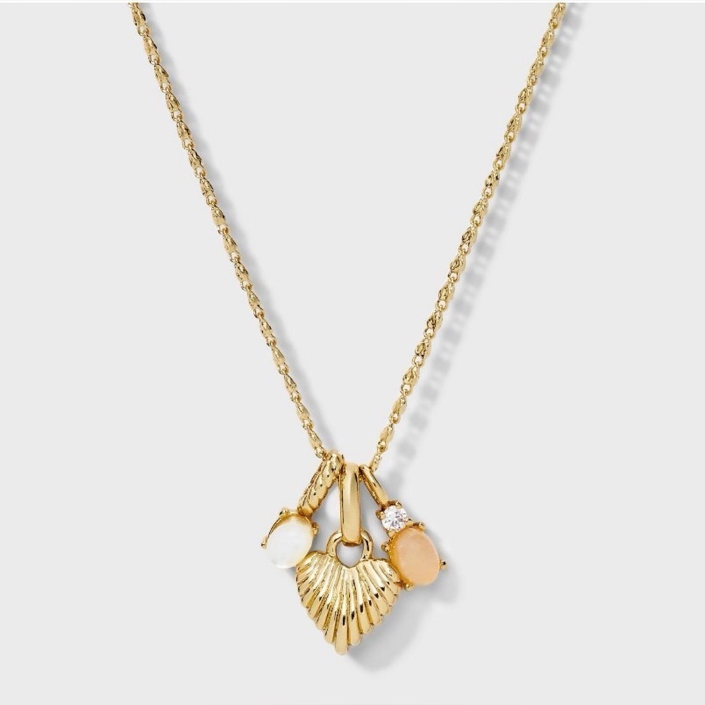 14K Gold Dipped Heart with Rose Quartz, Cubic Zirconia, Mother of Pearl Necklace